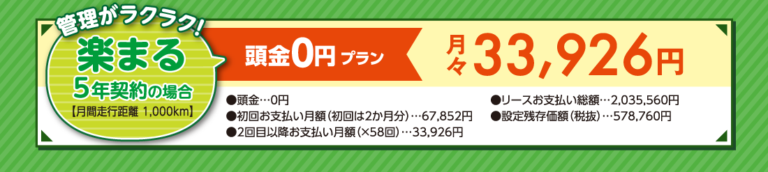 管理がラクラク！楽まる5年契約の場合【月間走行距離 1,000km】頭金0円プラン月々33,926円●頭金…0円●初回お支払い月額（初回は2か月分）…67,852円●2回目以降お支払い月額（×58回）…33,926円●リースお支払い総額…2,035,560円●設定残存価額（税抜）…578,760円